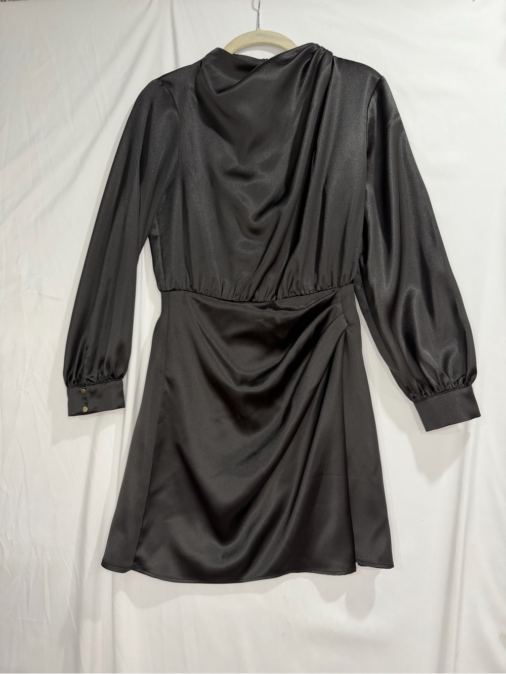 Zara Black Satin Long-Sleeve Draped Mini Dress